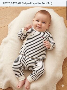Petit Bateau Cream and Navy Striped Baby Layette Set